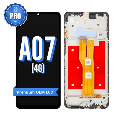 Samsung Galaxy A07 4G replacement screen with middle frame, front marked A07 (4G) with a blue PRO badge and Premium OEM LCD ribbon, beside the back of the frame and its orange flex