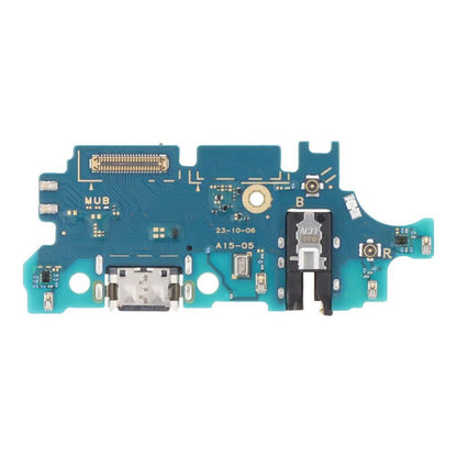 Samsung Galaxy A15 charging port daughter board, a teal green circuit board carrying a USB-C socket, a headphone jack, a ribbon connector and the markings MUB and A15-05.
