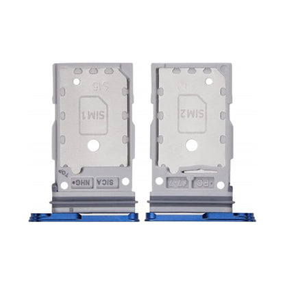 Blue dual sim tray for the Samsung Galaxy S25 and S25 Plus, shown front and back with SIM1 and SIM2 embossed on the silver metal card holders.