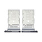 Black dual sim tray for the Samsung Galaxy S25 and S25 Plus, front and back views side by side with SIM1 and SIM2 embossed on the silver card holders.