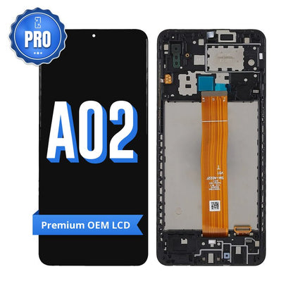 Samsung Galaxy A02 Premium OEM LCD screen with middle frame, front with the PRO badge and A02 lettering beside the back of the frame with its orange flex cable