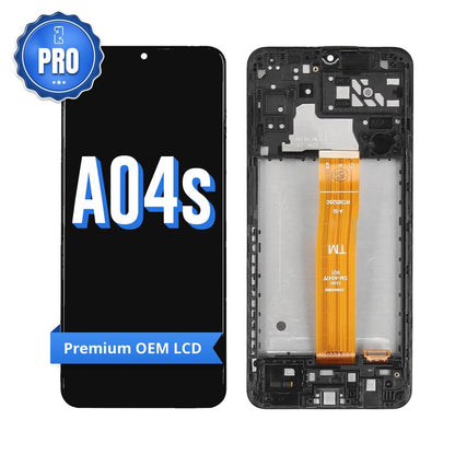Samsung Galaxy A04s Premium OEM LCD screen with middle frame, front with the PRO badge and A04s lettering beside the back of the frame with its orange flex cable