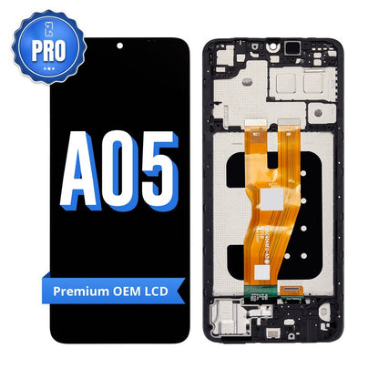 Samsung Galaxy A05 replacement screen with middle frame, front marked A05 with a blue PRO badge and Premium OEM LCD ribbon, beside the back of the frame and its orange flex
