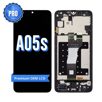 Samsung Galaxy A05s replacement screen with middle frame, front marked A05s with a blue PRO badge and Premium OEM LCD ribbon, beside the back of the frame and its flex cable