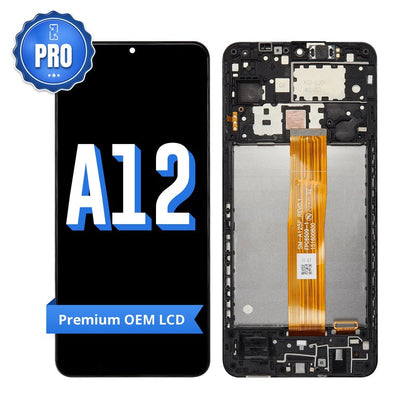 Samsung Galaxy A12 replacement screen with middle frame, front marked A12 with a blue PRO badge and Premium OEM LCD ribbon, beside the back of the frame and its orange flex