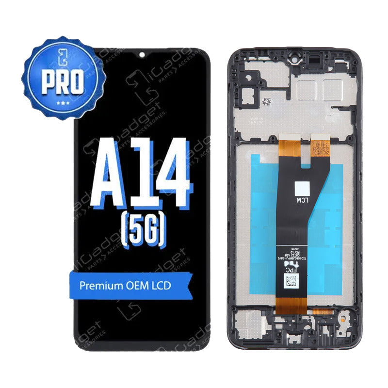 Samsung Galaxy A14 5G replacement LCD and digitiser shown front and back on its middle frame, labelled A14 5G with PRO and Premium OEM LCD badges