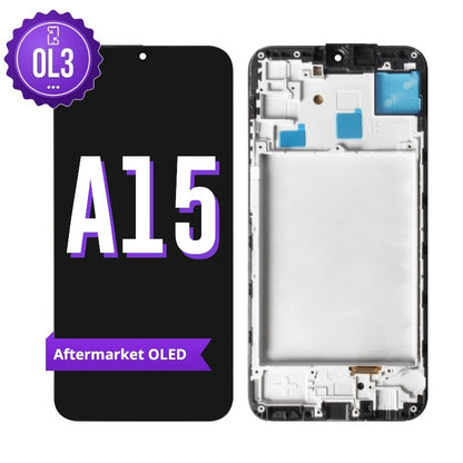Samsung Galaxy A15 aftermarket OLED screen replacement with middle frame, shown front on with the purple OL3 badge and from the back showing the frame and flex cable