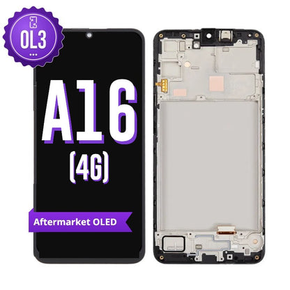 Samsung Galaxy A16 4G aftermarket OLED screen replacement with middle frame, shown front on with the purple OL3 badge and from the back showing the frame and flex cable