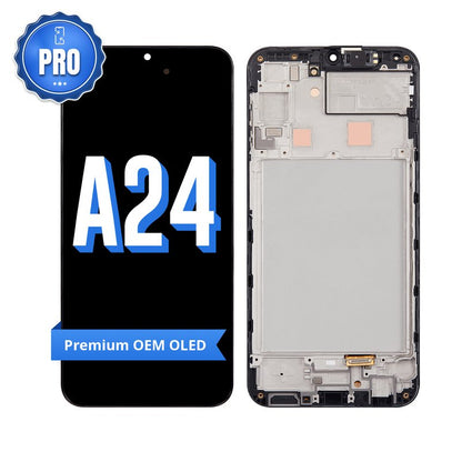 Samsung Galaxy A24 replacement screen with middle frame, front marked A24 with a blue PRO badge and Premium OEM OLED ribbon, beside the back of the frame