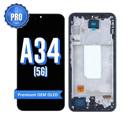 Samsung Galaxy A34 5G replacement screen with middle frame, front marked A34 (5G) with a blue PRO badge and Premium OEM OLED ribbon, beside the back of the frame