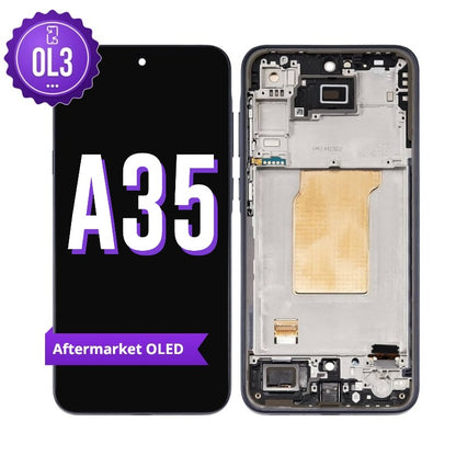 Samsung Galaxy A35 5G aftermarket OLED screen replacement with middle frame, shown front on with the purple OL3 badge and from the back showing the frame and flex cable