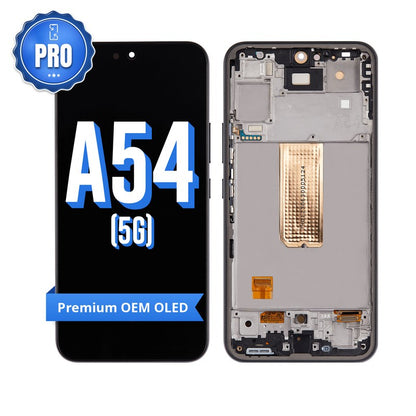 Samsung Galaxy A54 5G replacement screen with middle frame, front marked A54 (5G) with a blue PRO badge and Premium OEM OLED ribbon, beside the back of the frame