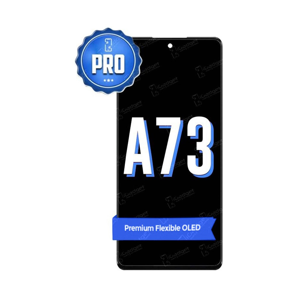 Samsung A73 replacement screen shown front on and switched off, with A73 printed large in white across the black glass and an OEM OLED banner near the base.