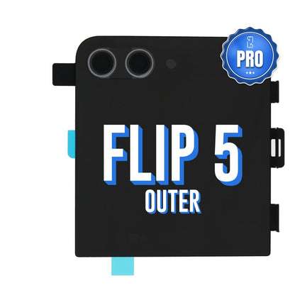 Samsung Galaxy Z Flip 5 replacement outer cover screen, front view with the two camera cut-outs, the PRO badge and FLIP 5 OUTER lettering on the switched-off screen