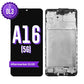 Samsung Galaxy A16 5G aftermarket OLED screen replacement with middle frame, shown front on with the purple OL3 badge and from the back showing the frame and flex cable
