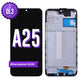 Samsung Galaxy A25 5G aftermarket OLED screen replacement with middle frame, shown front on with the purple OL3 badge and from the back showing the frame and flex cable