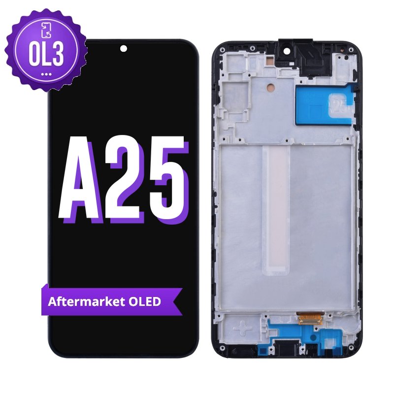 Samsung Galaxy A25 5G aftermarket OLED screen replacement with middle frame, shown front on with the purple OL3 badge and from the back showing the frame and flex cable