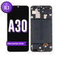 Samsung Galaxy A30 aftermarket OLED screen replacement with middle frame, shown front on with the purple OL3 badge and from the back showing the frame and flex cable