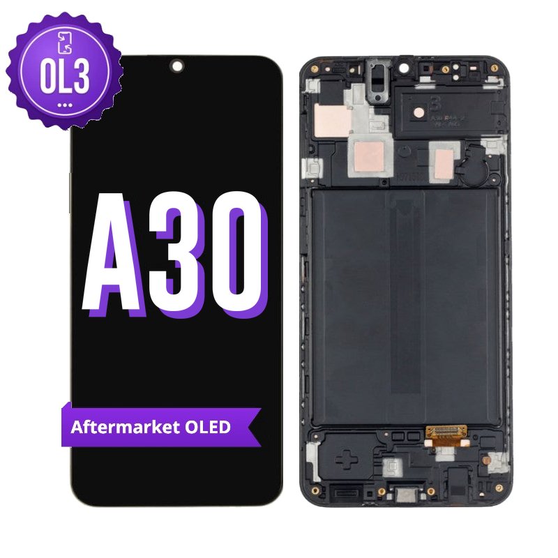 Samsung Galaxy A30 aftermarket OLED screen replacement with middle frame, shown front on with the purple OL3 badge and from the back showing the frame and flex cable