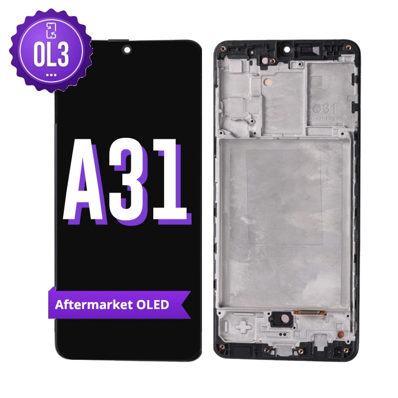 Samsung Galaxy A31 aftermarket OLED screen replacement with middle frame, shown front on with the purple OL3 badge and from the back showing the frame and flex cable