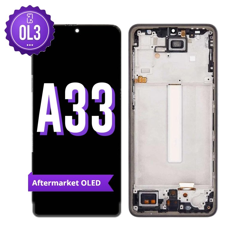 Samsung Galaxy A33 5G aftermarket OLED screen replacement with middle frame, shown front on with the purple OL3 badge and from the back showing the frame and flex cable