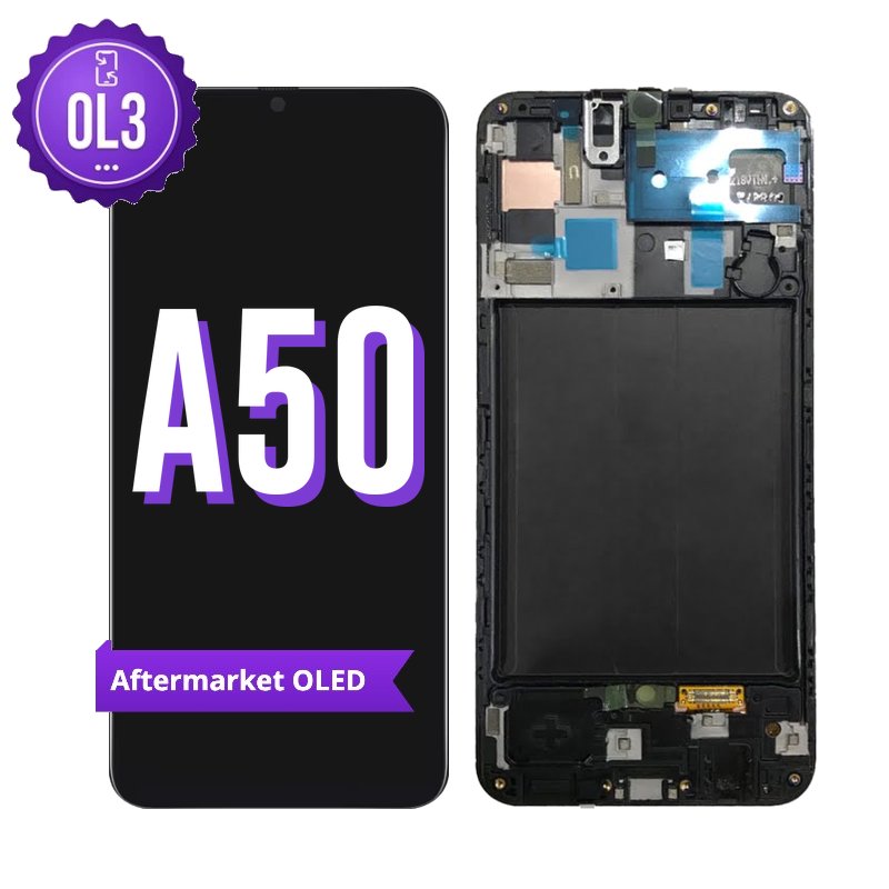 Samsung Galaxy A50 OL3 aftermarket OLED screen replacement with middle frame, the black front with the purple OL3 badge beside the back of the black frame