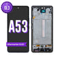 Samsung Galaxy A53 OL3 aftermarket OLED screen replacement with middle frame, the black front with the purple OL3 badge beside the back of the frame and silver plate