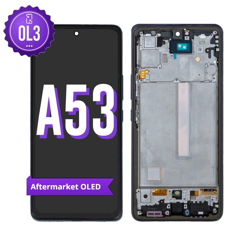 Samsung Galaxy A53 OL3 aftermarket OLED screen replacement with middle frame, the black front with the purple OL3 badge beside the back of the frame and silver plate