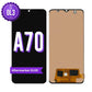 Samsung Galaxy A70 aftermarket OLED screen replacement without frame, shown front on with the purple OL3 badge and from the back showing the bare panel and flex cable