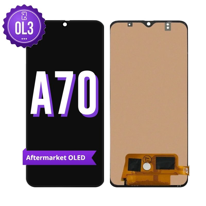 Samsung Galaxy A70 aftermarket OLED screen replacement without frame, shown front on with the purple OL3 badge and from the back showing the bare panel and flex cable