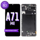 Samsung Galaxy A71 4G aftermarket OLED screen replacement with middle frame, shown front on with the purple OL3 badge and from the back showing the frame and flex cable