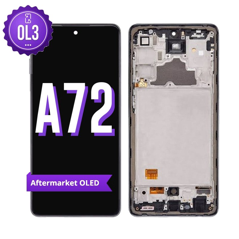 Samsung Galaxy A72 aftermarket OLED screen replacement with middle frame, shown front on with the purple OL3 badge and from the back showing the frame and flex cable
