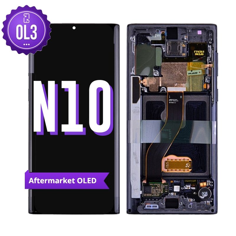 Samsung Galaxy Note 10 aftermarket OLED screen replacement with middle frame, shown front on with the purple OL3 badge and from the back showing the frame and flex cable