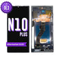 Samsung Galaxy Note 10 Plus aftermarket OLED screen replacement with middle frame, shown front on with the purple OL3 badge and from the back showing the frame and flex cable