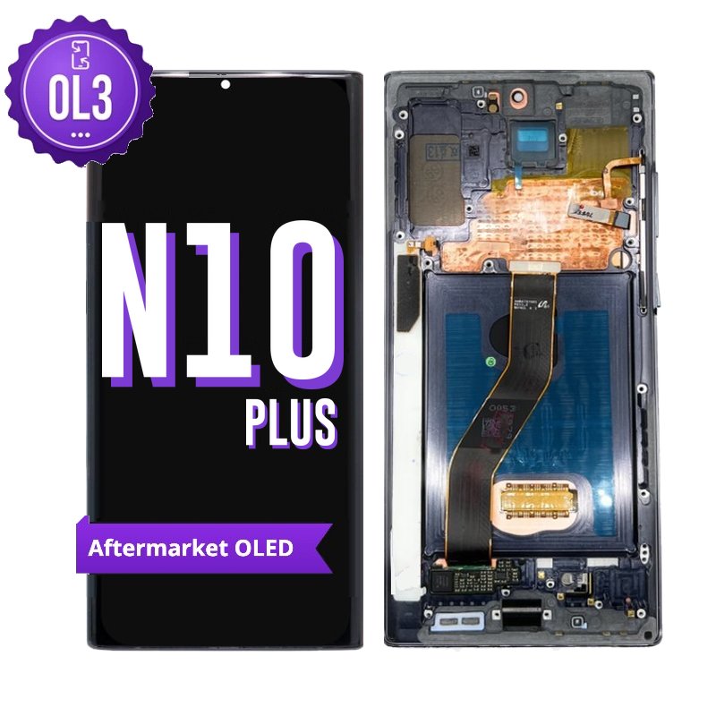 Samsung Galaxy Note 10 Plus aftermarket OLED screen replacement with middle frame, shown front on with the purple OL3 badge and from the back showing the frame and flex cable