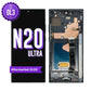 Samsung Galaxy Note 20 Ultra aftermarket OLED screen replacement with middle frame, shown front on with the purple OL3 badge and from the back showing the frame, S Pen slot and flex cable