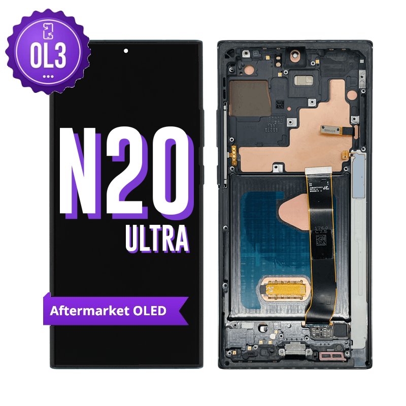 Samsung Galaxy Note 20 Ultra aftermarket OLED screen replacement with middle frame, shown front on with the purple OL3 badge and from the back showing the frame, S Pen slot and flex cable