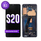 Samsung Galaxy S20 aftermarket OLED screen replacement with middle frame, shown front on with the purple OL3 badge and from the back showing the frame and flex cable