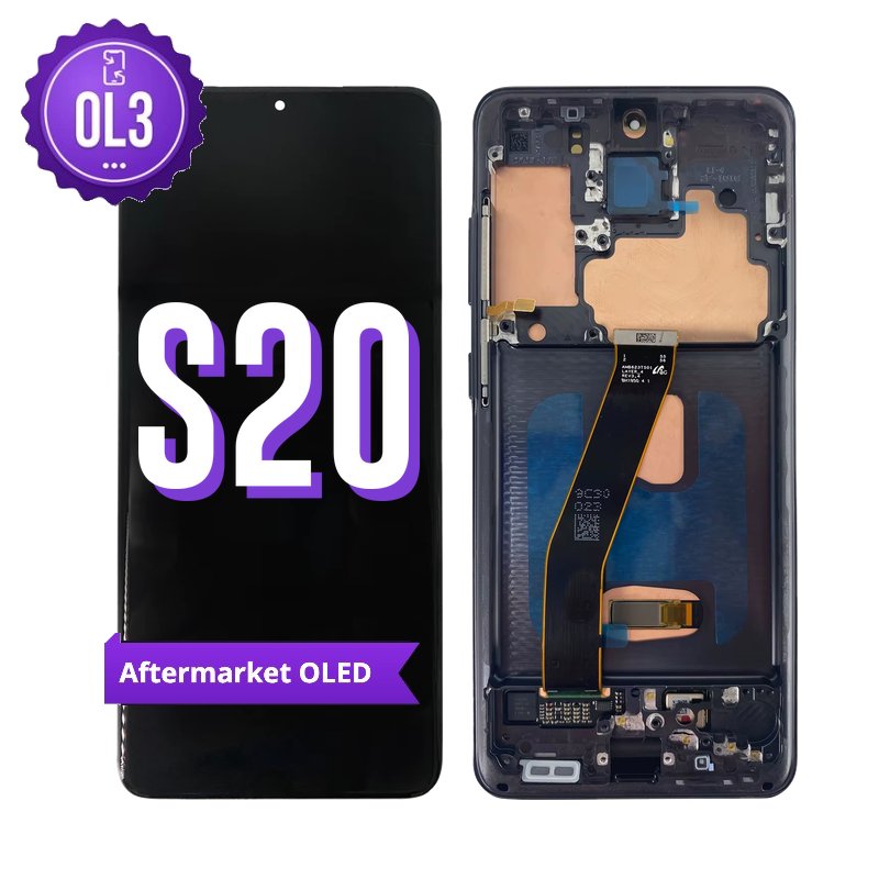 Samsung Galaxy S20 aftermarket OLED screen replacement with middle frame, shown front on with the purple OL3 badge and from the back showing the frame and flex cable