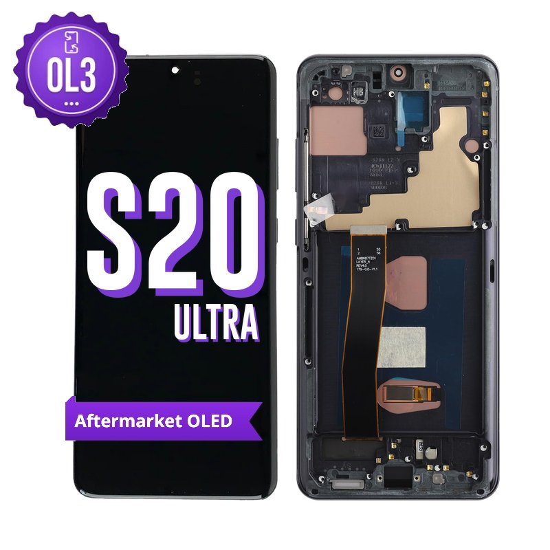Samsung Galaxy S20 Ultra OL3 replacement screen with middle frame, front marked S20 Ultra with a purple OL3 badge and Aftermarket OLED banner, and the back of the frame