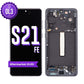 Samsung Galaxy S21 FE OL3 aftermarket OLED screen replacement with middle frame, the black front with the purple OL3 badge beside the back of the grey frame