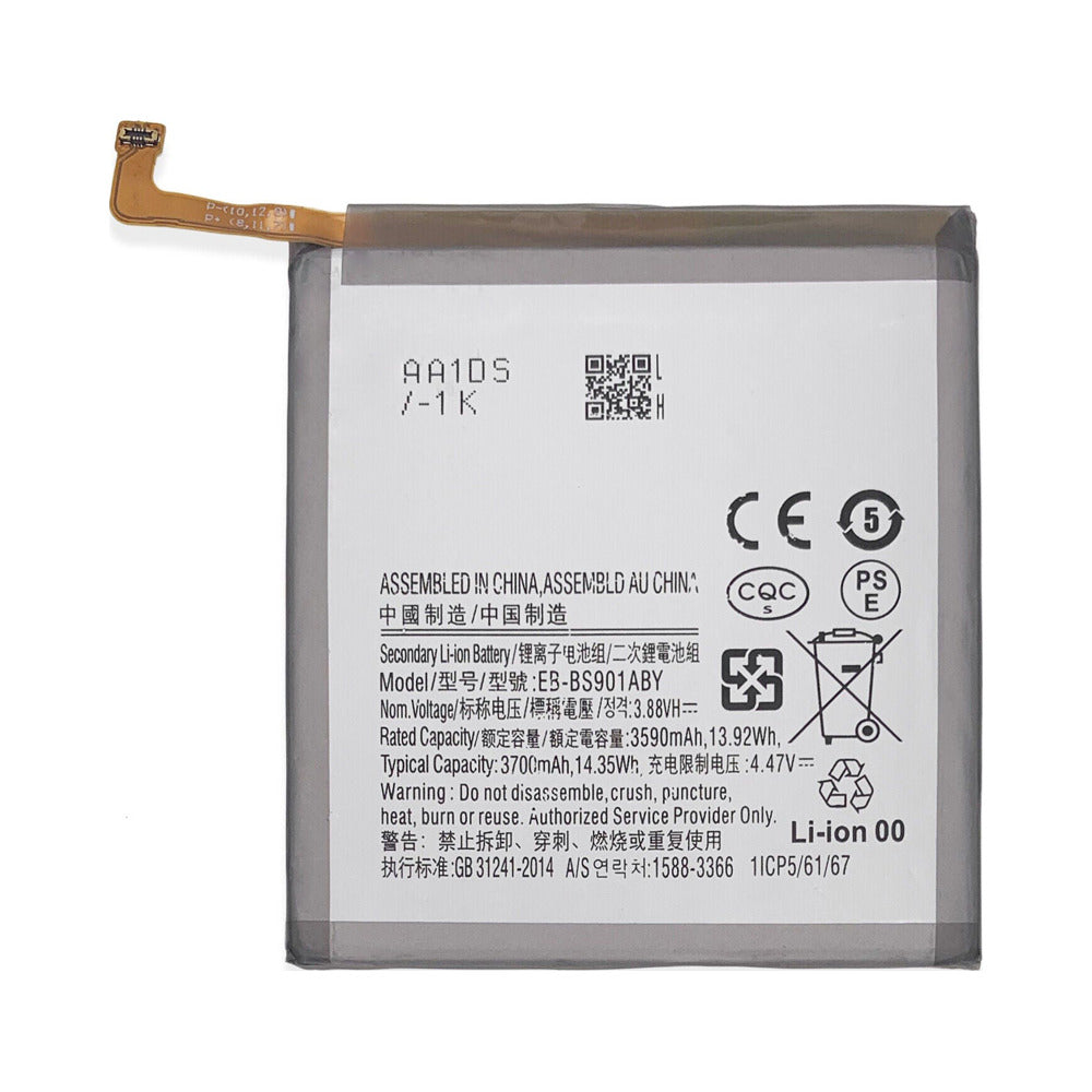 Samsung Galaxy S22 replacement battery on a white background, its label marked Model EB-BS901ABY - 3.88V, 13.92Whr and 3590mAh figures