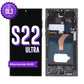 Samsung Galaxy S22 Ultra aftermarket OLED screen replacement with middle frame, shown front on with the purple OL3 badge and from the back showing the frame, S Pen slot and flex cable
