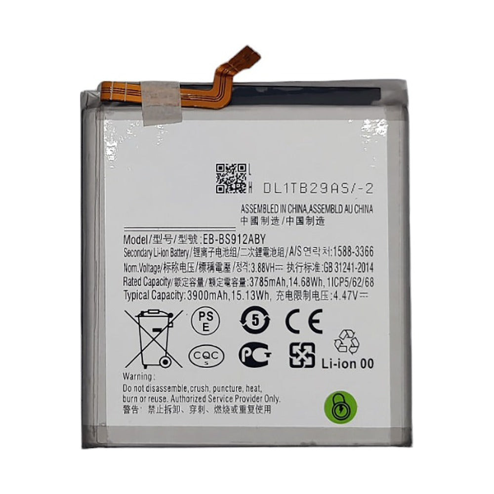 Samsung Galaxy S23 replacement battery on a white background, its label marked Model EB-BS912ABY - 3.88V, 15.13Whr and 3900mAh.