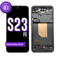 Samsung Galaxy S23 FE OL3 aftermarket OLED screen replacement with middle frame, the black front with the purple OL3 badge beside the back of the grey frame