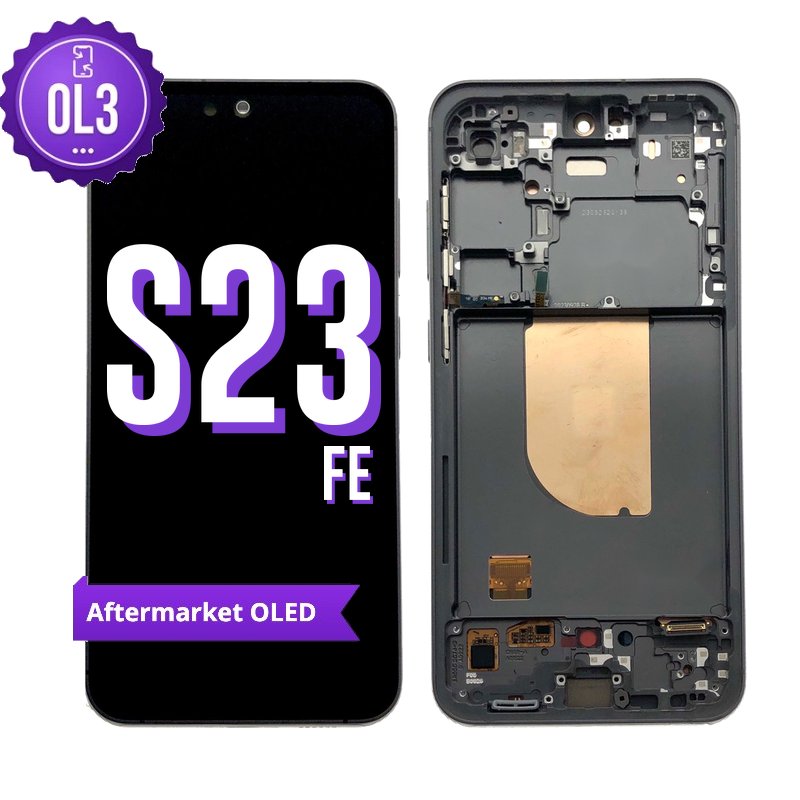 Samsung Galaxy S23 FE OL3 aftermarket OLED screen replacement with middle frame, the black front with the purple OL3 badge beside the back of the grey frame