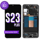 Samsung Galaxy S23 Plus aftermarket OLED screen replacement with middle frame, shown front on with the purple OL3 badge and from the back showing the frame and flex cable