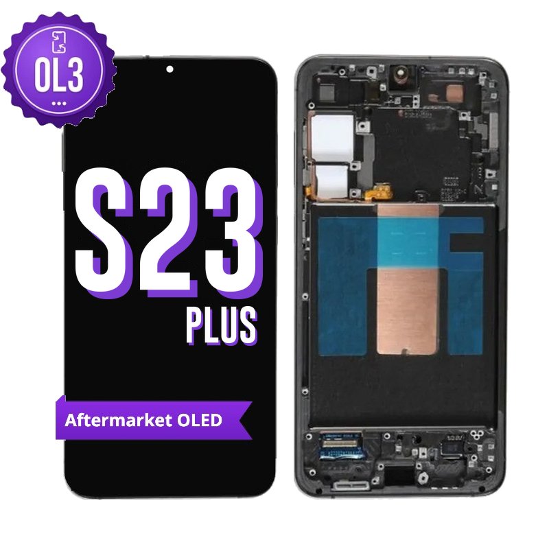 Samsung Galaxy S23 Plus aftermarket OLED screen replacement with middle frame, shown front on with the purple OL3 badge and from the back showing the frame and flex cable