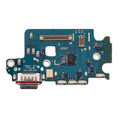Samsung Galaxy S24 charging port board with USB-C port, single SIM card reader and bottom microphone, front view on a white background.