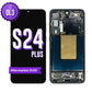 Samsung Galaxy S24 Plus aftermarket OLED screen replacement with middle frame, shown front on with the purple OL3 badge and from the back showing the frame and copper heat shield